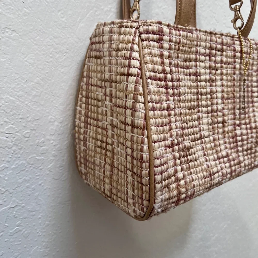 Liz Claiborne Woven Straw Plaid‎ Satchel Handbag Tan Crossbody Bag